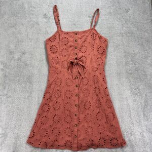 Hollister Mini Dress Womens L Coral Eyelet Embroidered Floral Spaghetti Strap
